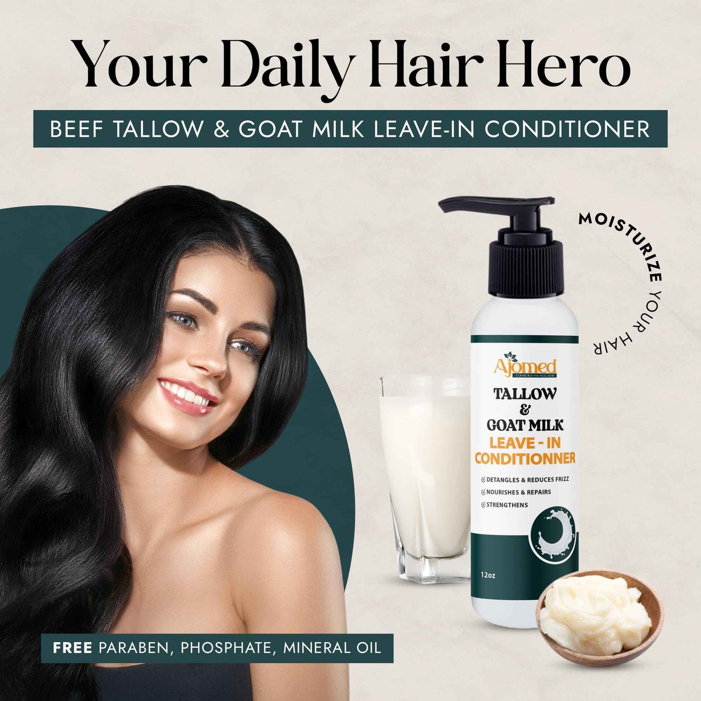 Beef tallow & Goat milk Leave-In Conditioner| Handmade hair Detangler- Anti-Frizz dreadlock moisturizer-Split Ends Breakage (12 Fl Oz)