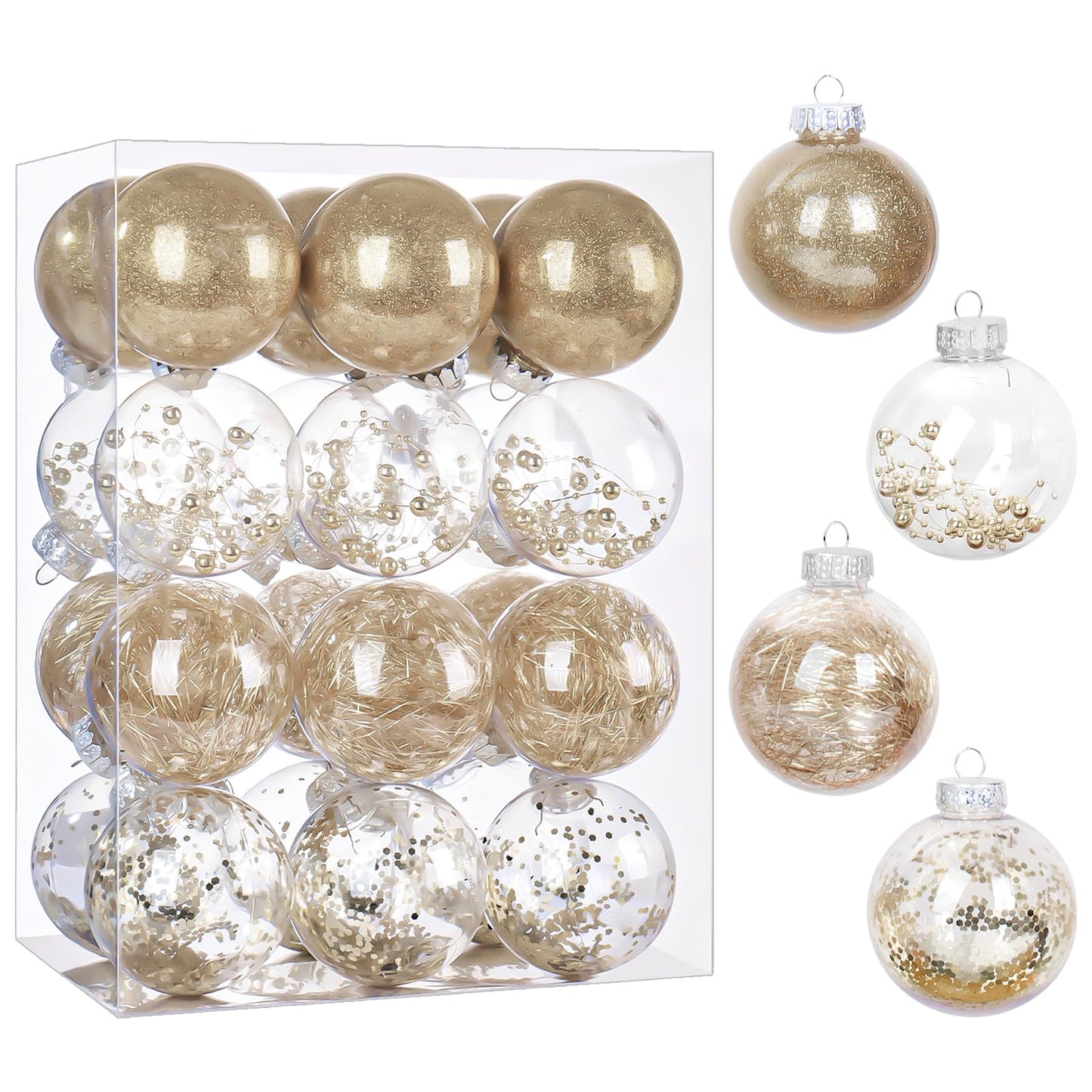 Bloss Christmas Balls Ornaments 24 PCS, Shatterproof Champagne Plastic Ornaments Ball Christmas Decorations for Tree Xmas Party Wreath Garlands - 2.36 Inch Diameter