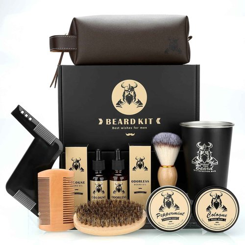 Beard Kit Gifts for Men, Father's Day Birthday Gifts for Men Dad Him, Grooming & Trimming Tool Complete Set, Beard Care Kit with 2 Beard Growth Oil/Balm/Brush/Comb/Shaving Soap/Cup&Storage Bag