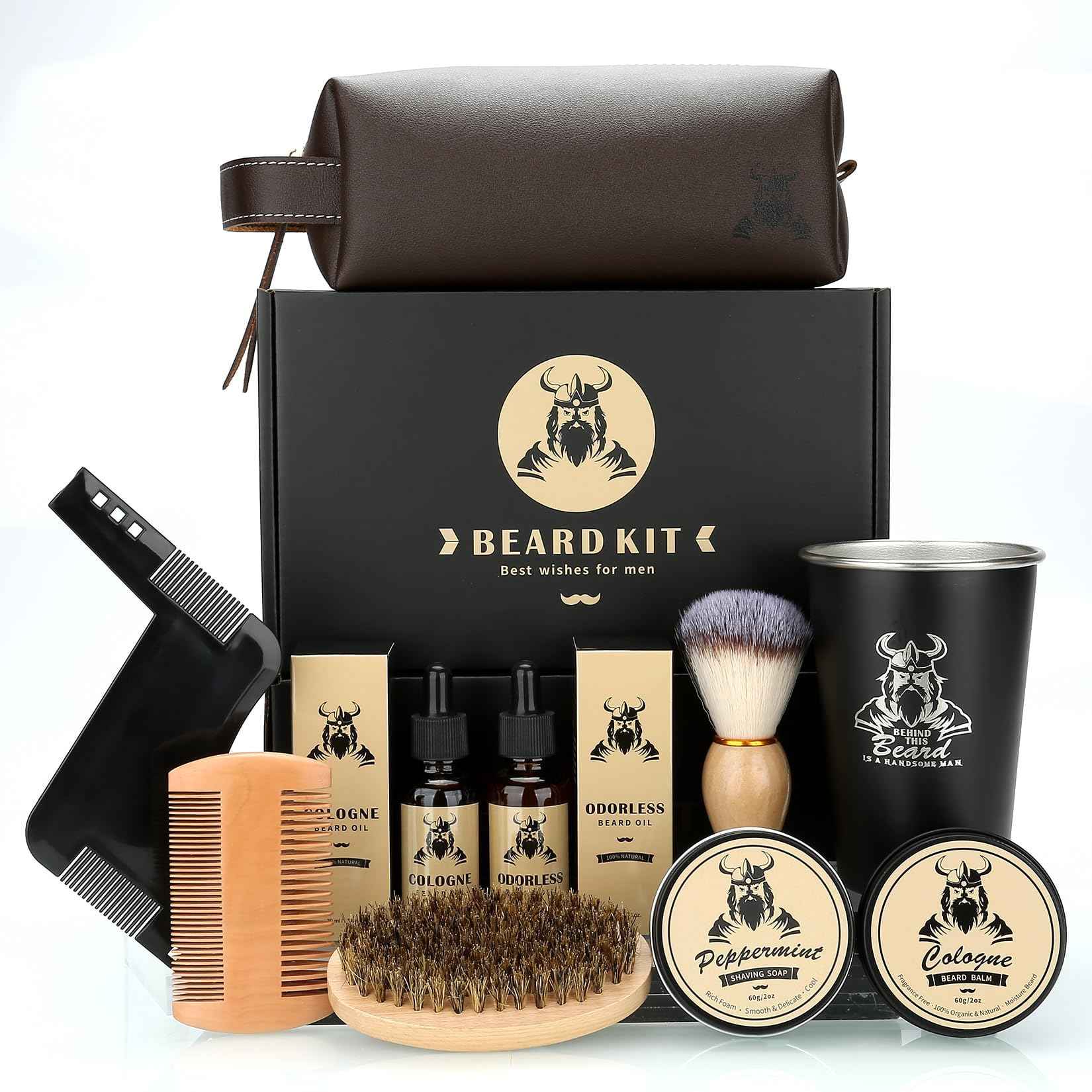 Beard Kit Gifts for Men, Father's Day Birthday Gifts for Men Dad Him, Grooming & Trimming Tool Complete Set, Beard Care Kit with 2 Beard Growth Oil/Balm/Brush/Comb/Shaving Soap/Cup&Storage Bag
