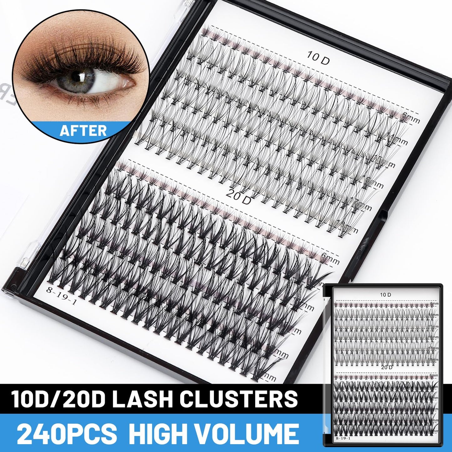 Bodermincer False Eyelash, 240pcs C Curl 10D/20D Cluster, Mixed 14/15/16/17/18mm and Under Eyelashes, Individual, Black, Biodegradable