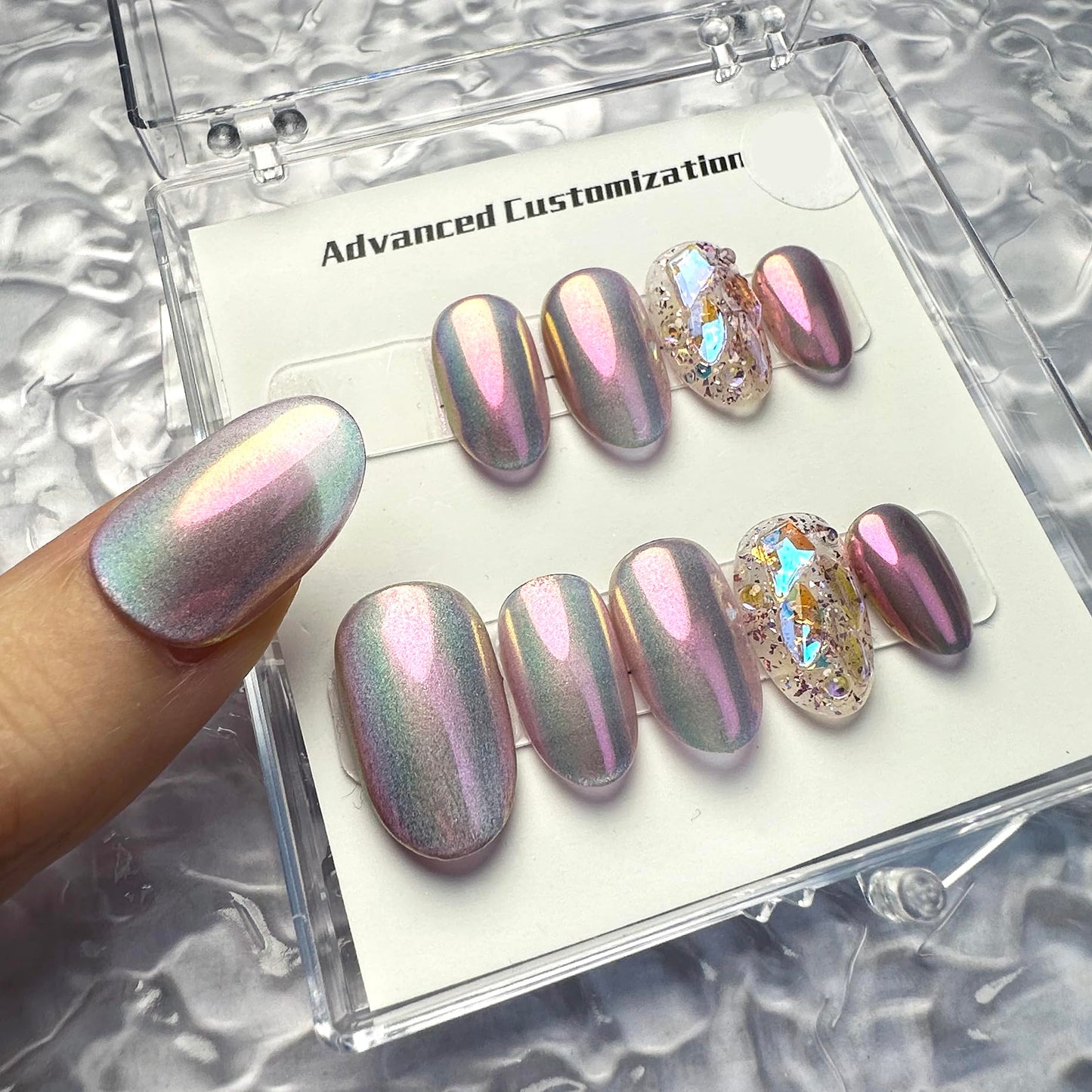 WOMHOPE Press on Nails False Nails Handmade Acrylic Nails for Women and Girls Aurora Power Rhinestone Full Cover 10pcs Almond,Coffin,Oval (Medium Oval, Large)