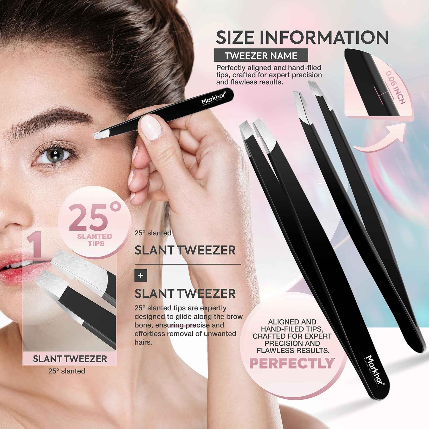 MARKHOR® Black Majesty, Professional Pointed and Slant Tweezers for Eyebrows, Tweezers for Women Facial Hair, Splinter and Ingrown Hair Removal Tweezers, Stainless Steel Precision Eyebrow Tweezers Set