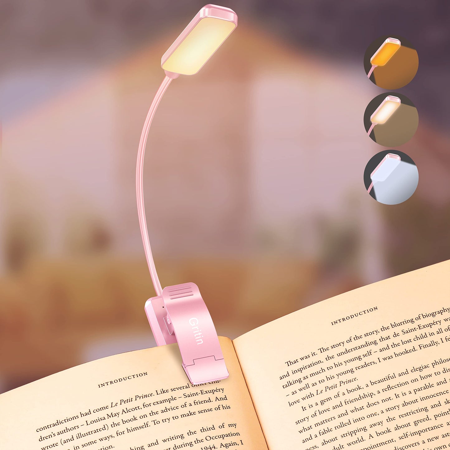 Gritin 9 LED Rechargeable Book Light for Reading in Bed - Eye Caring 3 Color Temperatures,Stepless Dimming Brightness,80 Hrs Runtime Small Lightweight Clip On Book Reading Light for Studying-Pink