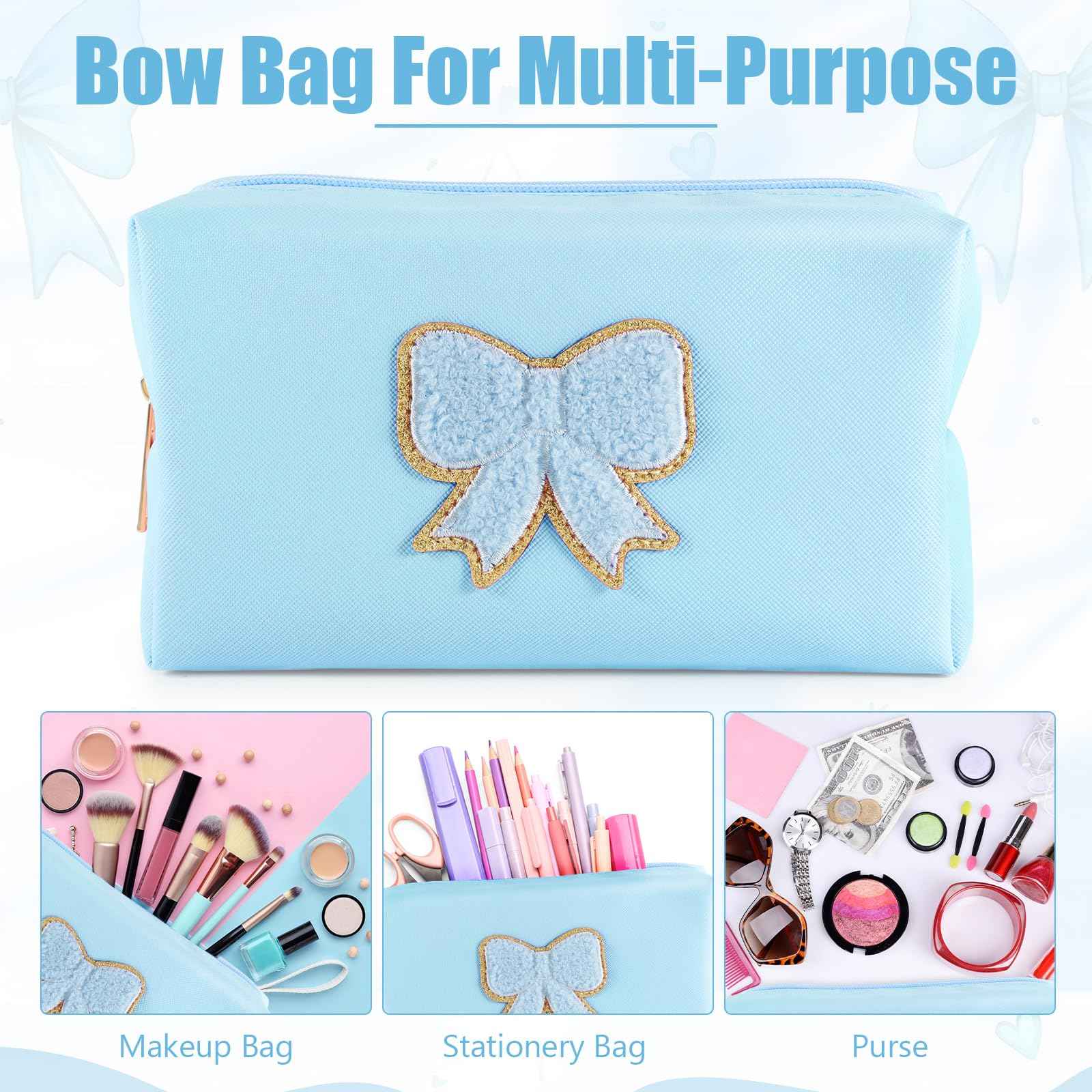6 Pcs Bow Makeup Bag Bulk Preppy Cosmetic Bag PU Leather Travel Toiletry Bag Waterproof Small Makeup Pouch Bag for Purse Cute Coquette Stuff for Girls Women Bachelorette Party Gifts (02 Blue)