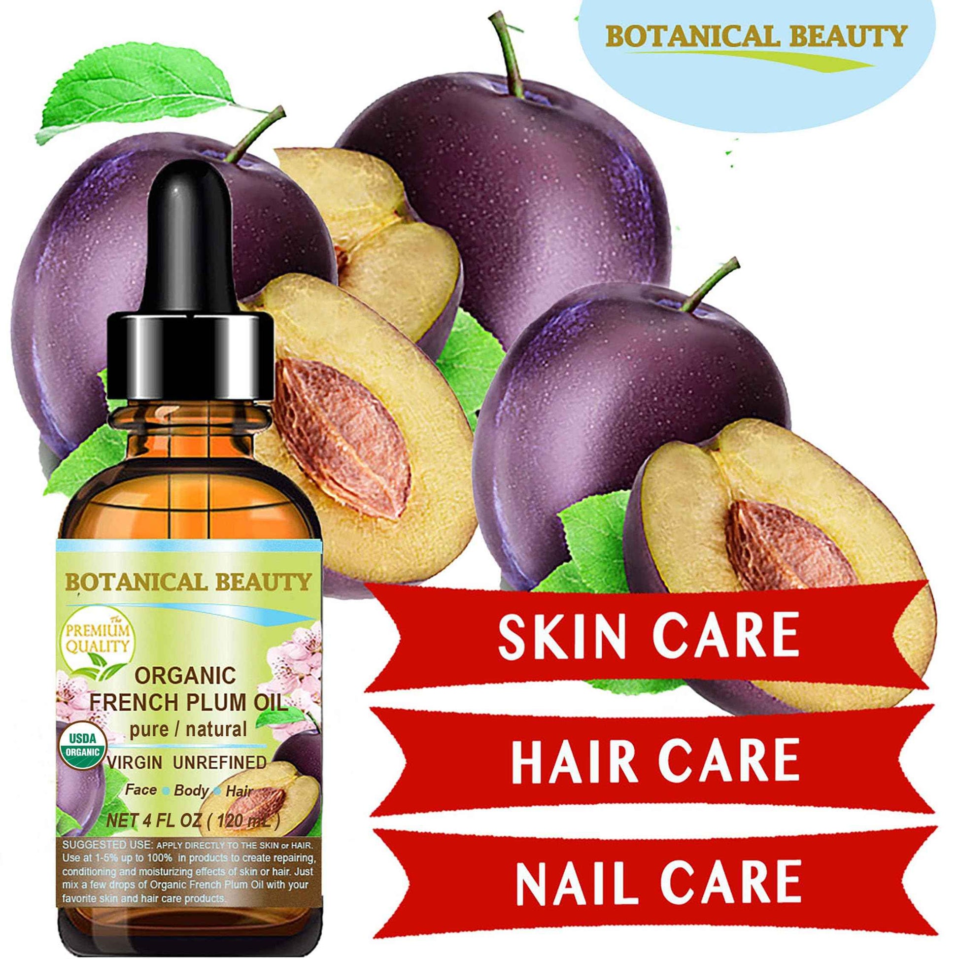 Botanical Beauty Organic French PLUM OIL 100% Pure Natural VIRGIN UNREFINED Cold-Pressed Carrier Oil for Face, Skin, Body, Hair, Lip, Nails. Rich in Vitamin E, Omega 6, Omega 9 (1 Fl Oz)