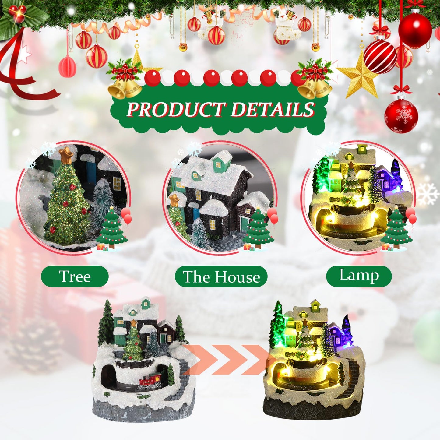 Christmas Village House Made of Resin, Christmas Snow House Electric Musical Light Up House with Spinning Train & 8 Music & LED Light for Christmas Decorations Indoor (Christmas Tree)