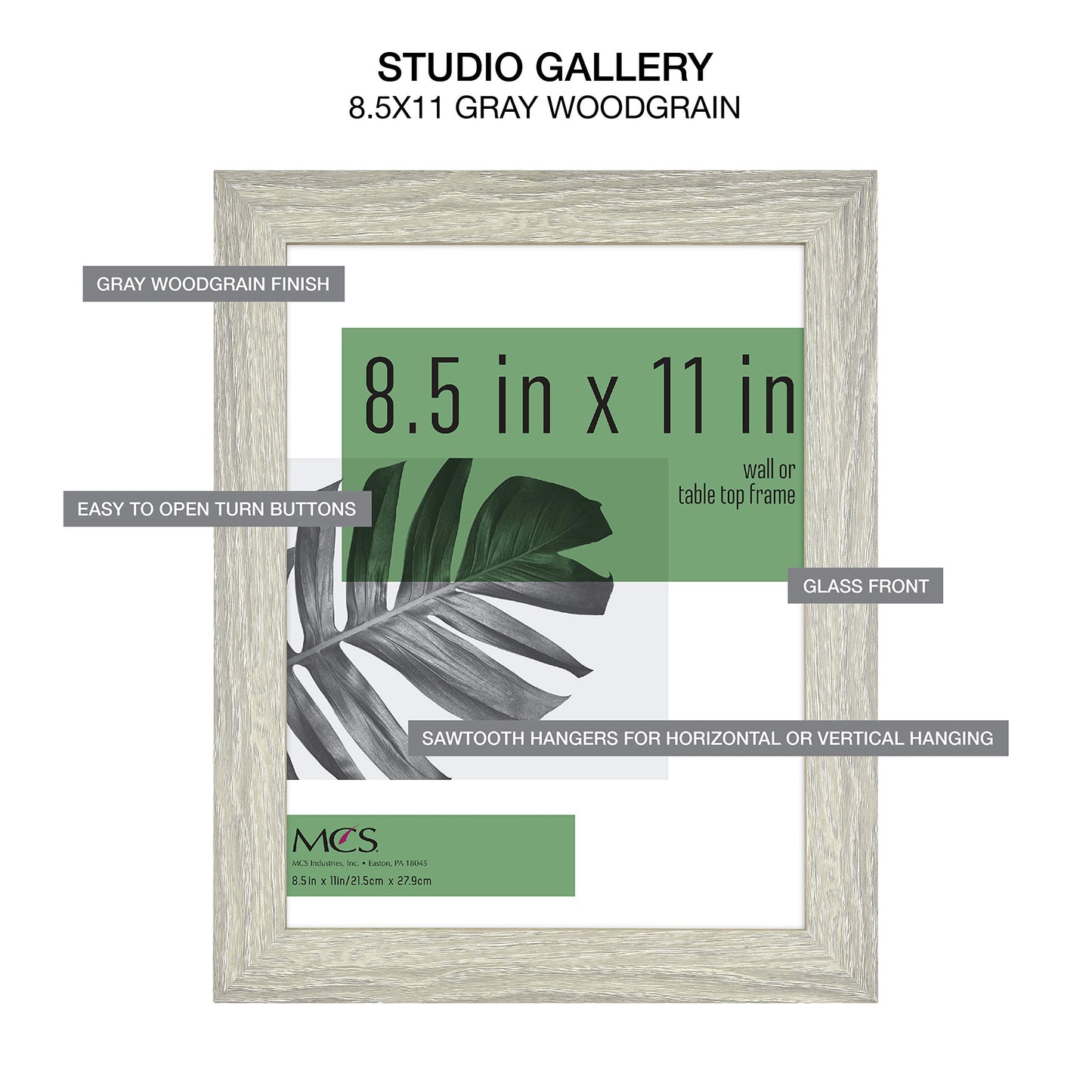 MCS Studio Gallery 8.5x11 Picture Frame Gray Woodgrain, Rectangle Photo Frame for Photos, Posters & Art Prints & Easel for Tapletop Display (1-Pack)