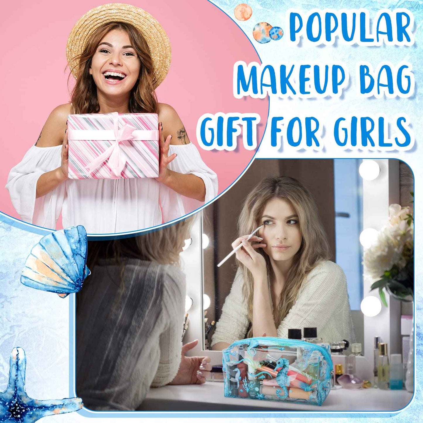 Kacctyen 6 Pcs Clear Makeup Bag Waterproof travel Cosmetic Thickened PVC Toiletry Beach Theme with Whale Starfish Turtle Ocean Sea Animals Print Beauty Cosmetic Makeup Bag Gifts