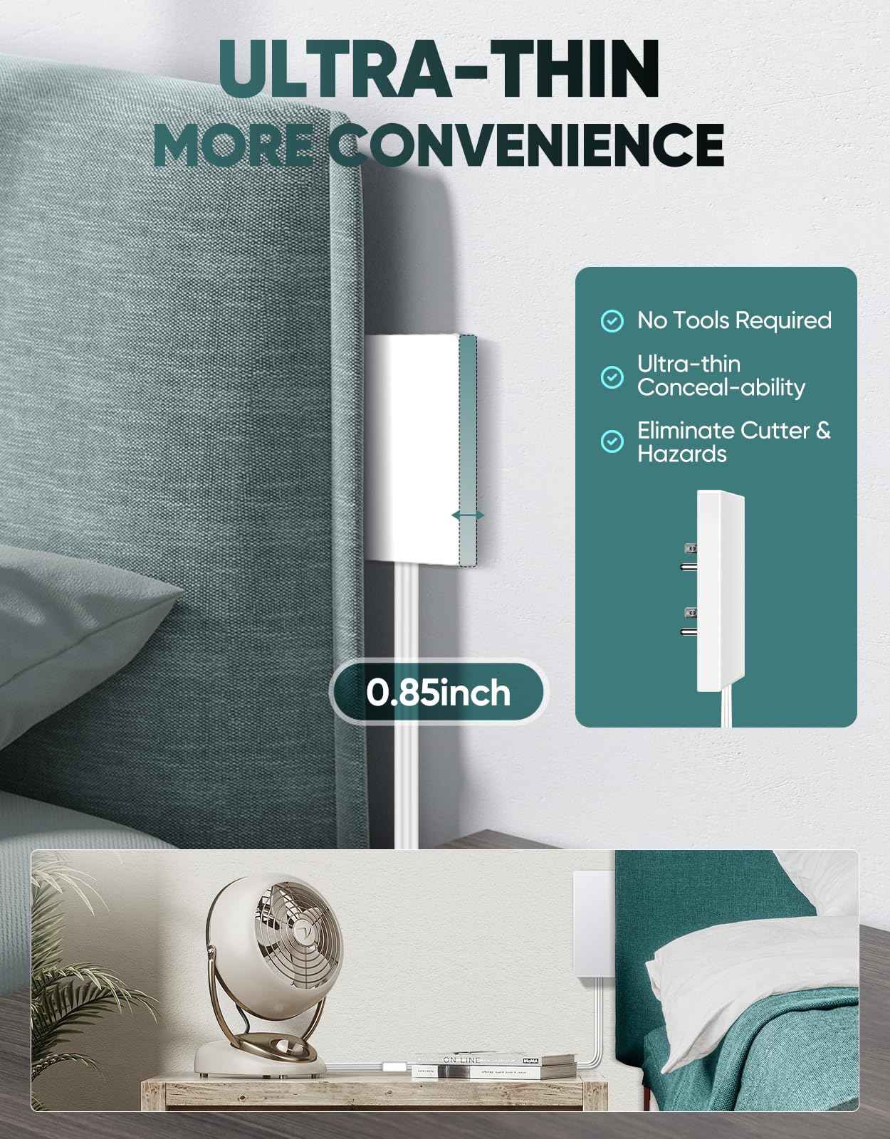 SakerPlus Outlet Concealer Power Strip-Outlet Cover Extender with 3AC Outlets-10ft Flat Plug Extension Cord,Universal Size,1625W for Kitchen, Home and Office,Child & Pet Safe(10 Foot)