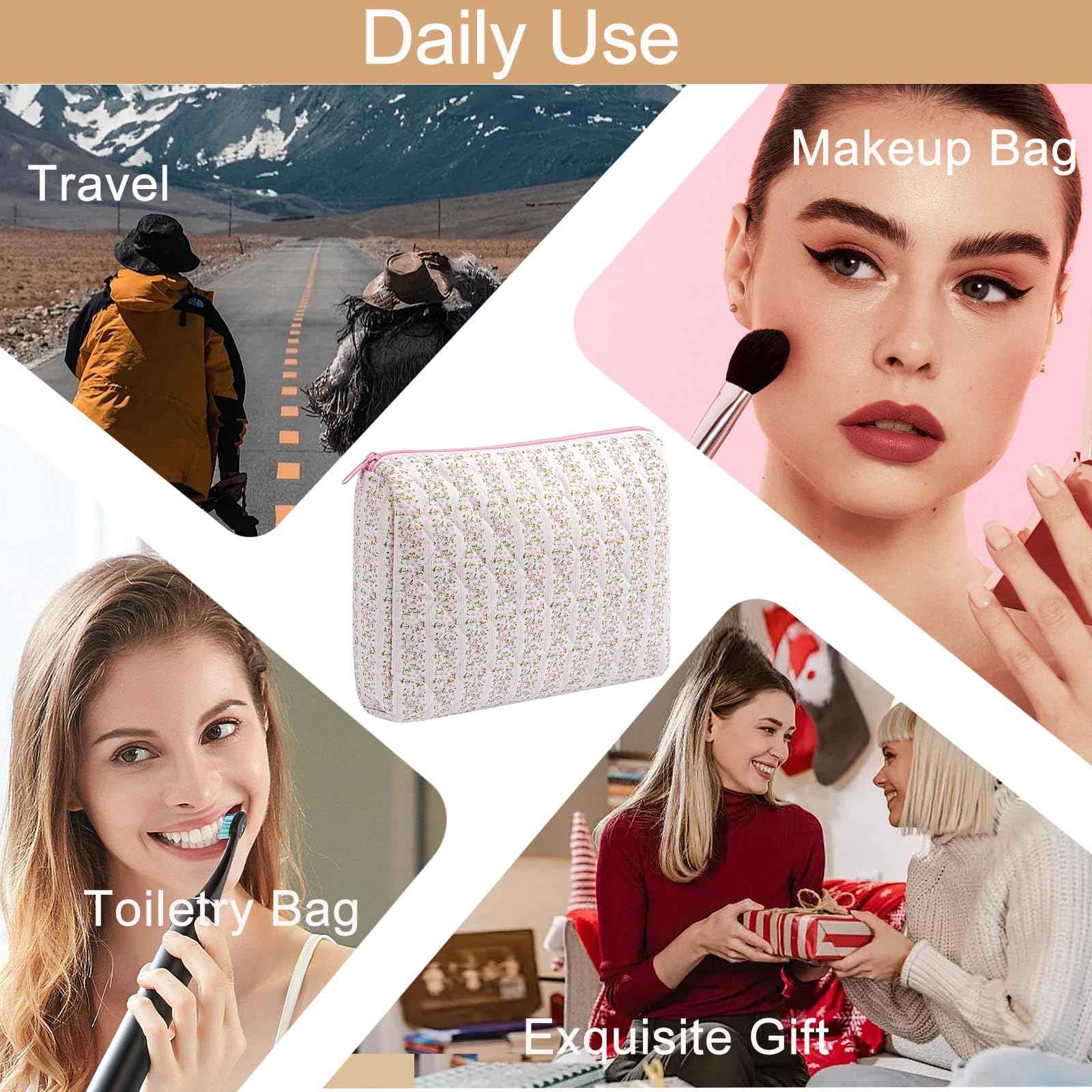 HHQQWZ Large Travel Makeup Bag Cosmetic Bag for Women Girls, Cute Large Floral Cotton Cosmetic Bag, Zipper Toiletry Bag Makeup Brushes Accessories Organizer Storage Bag (Pink Floral)