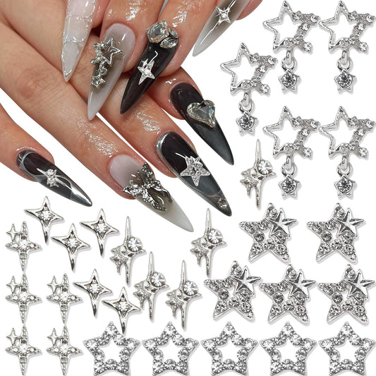 RODAKY 30PCS Silver Star Nail Charms Shiny 3D Stars Nail Gems Starlight Nail Jewelry Y2K Charms for Acrylic Nails Decoration Metal Nail Supplies for Women and Girls