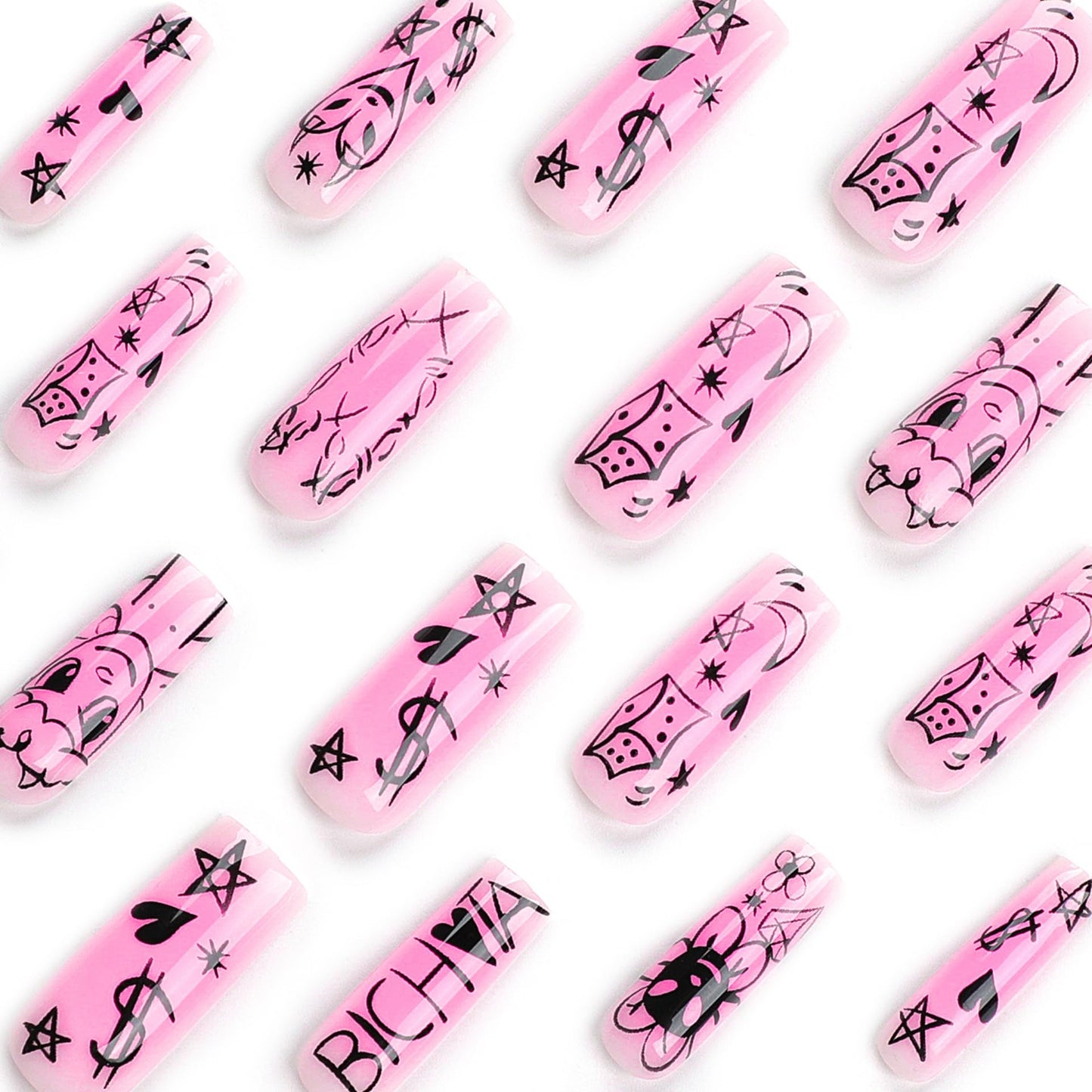 RTKHFZE Valentines Long Press on Nails Square Fake Nails Girly Pink Full Cover Acrylic Nails with Cute Stars Moon Designs Artificial False Nails 24Pcs Extra long Stick on Nails for Women Manicure