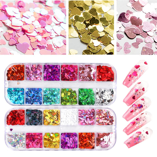 Nail Glitter Sequins 24 Colors Holographic Sparky Mixed Heart Shaped Nail Sequins for Acrylic Nail Art Glitter Nail Art Decoration Eye Face Body DIY Decoration Accessories