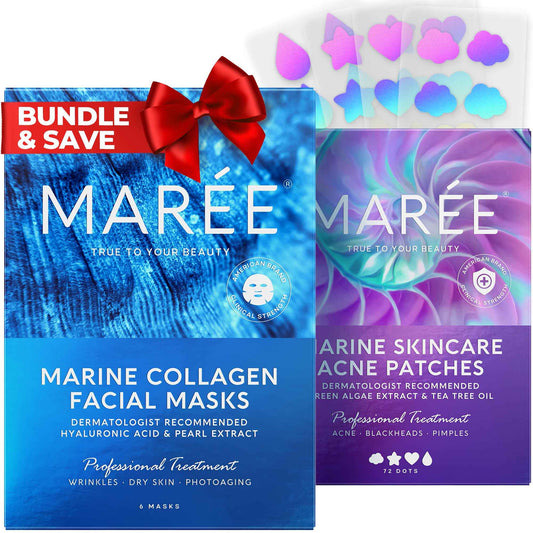 MAREE Bundle - Sheet Moisturizing Masks & Acne Сlearing Devices - Collagen & Hyaluronic Acid, Green Algae Extract & Tea Tree Oil - Hydrating Skin Care Mask & Hydrocolloid Acne Therapy