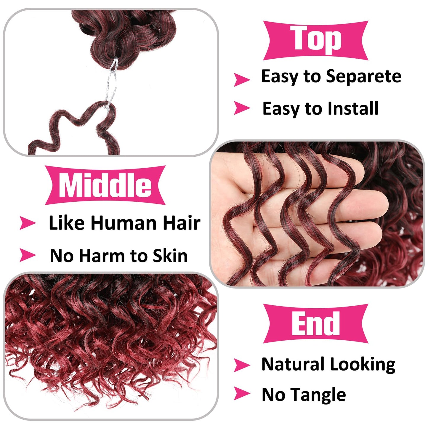 Unionbeauty 8 Packs GoGo Curl Crochet Hair 14 Inch Water Wave Crochet Braids for Black Woman Beach Curl Crochet Braids for Boho Box Braids Synthetic Ombre Burgundy Curly Braiding Hair Extension TBUG#