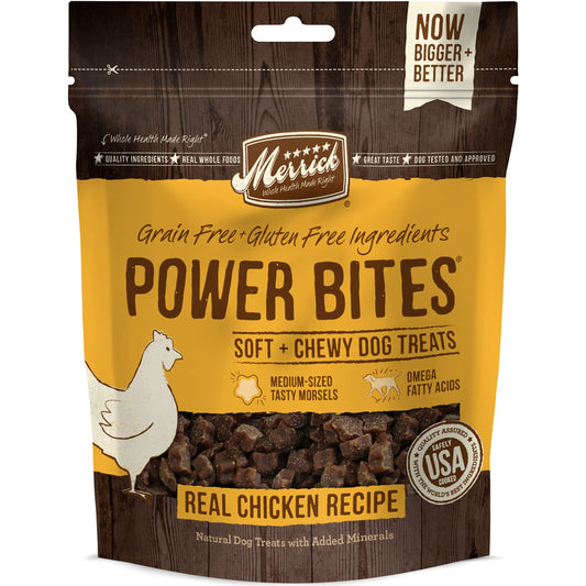 Merrick Power Bites Natural Soft And Chewy Real Meat Dog Treats, Grain Free Snack With Real Chicken Recipe - 6 oz. Bag