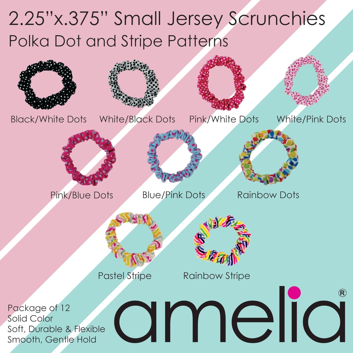 Amelia Beauty Small Black/White Dot Mix Jersey Mini Scrunchies for Fine Hair, 12-Pack – Soft & Stylish No-Damage Hair Ties for Everyday Fun!