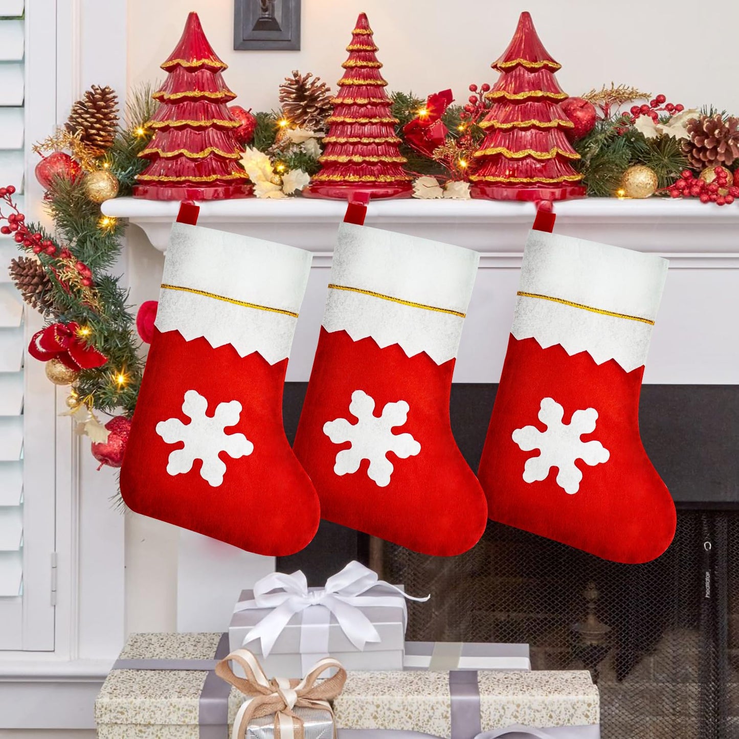 Succwoah 100 Pieces Red Felt Christmas Stockings Bulk 15 Inch Large Christmas Santa Stockings Hanging Xmas Stockings for Christmas Trees Holiday Home Party Decoration(Red with White Trim)