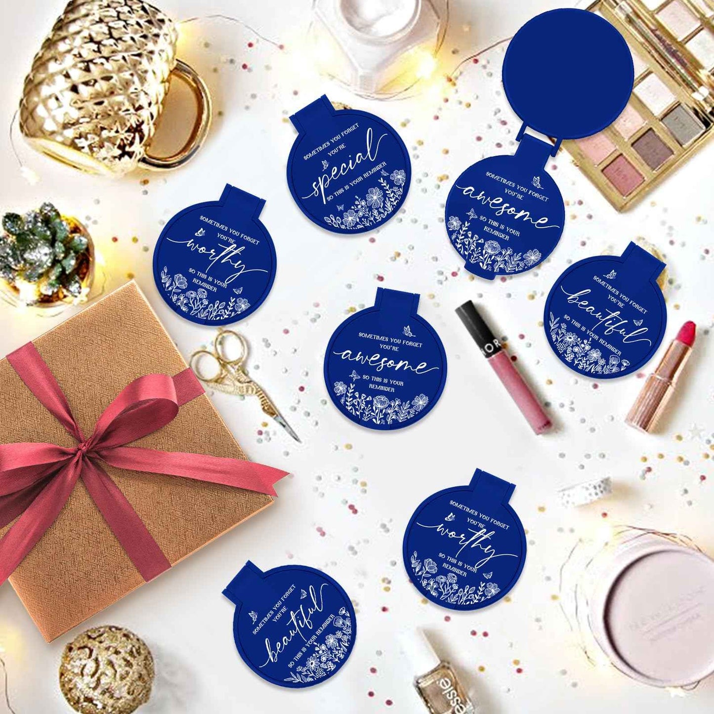 HSDSH 100 Pcs Inspirational Compact Mirror Bulk Small Pocket Mirror Purse Round Portable Folding Makeup Mirror Thanksgiving for Women Coworker Employee Teacher(Blue)