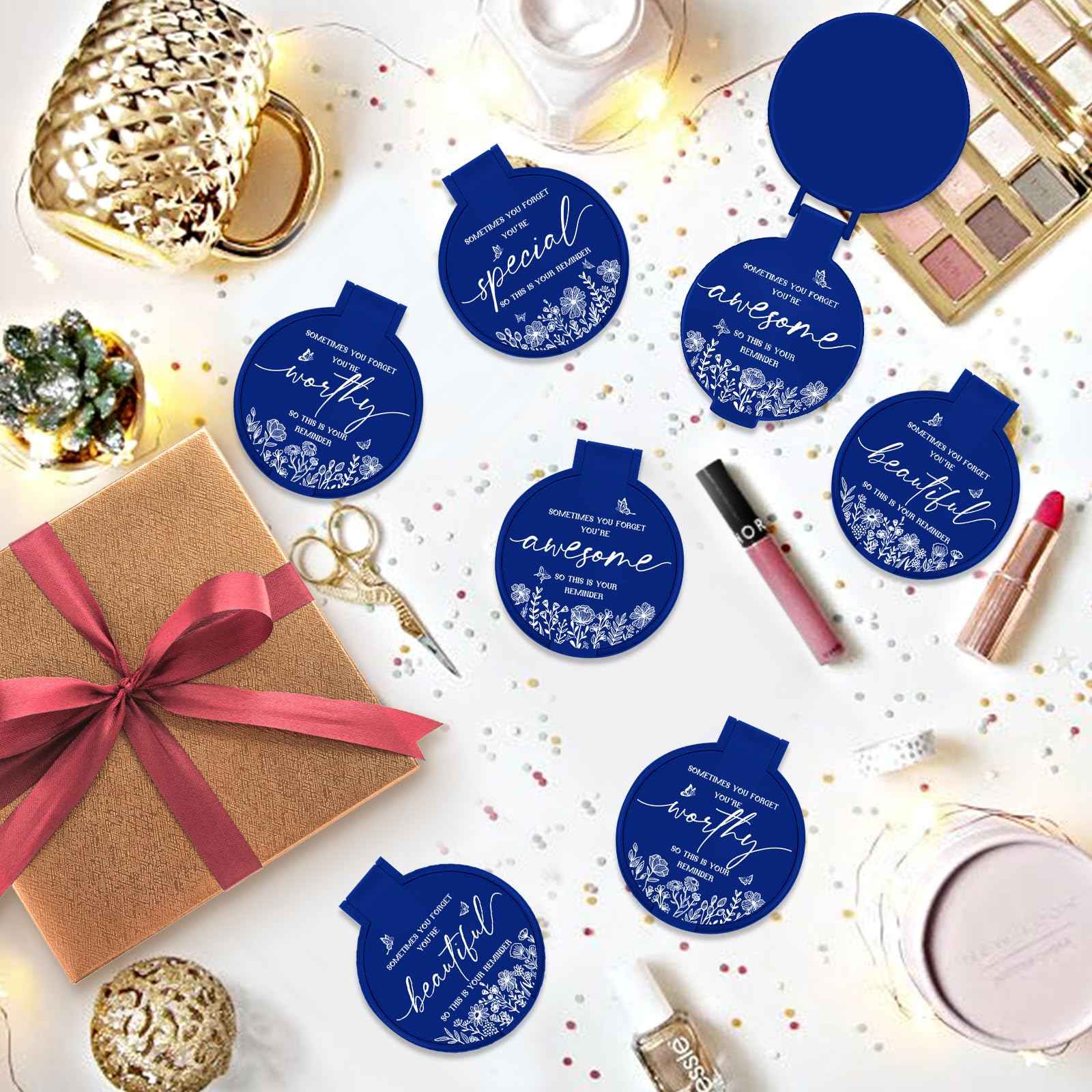 HSDSH 100 Pcs Inspirational Compact Mirror Bulk Small Pocket Mirror Purse Round Portable Folding Makeup Mirror Thanksgiving for Women Coworker Employee Teacher(Blue)