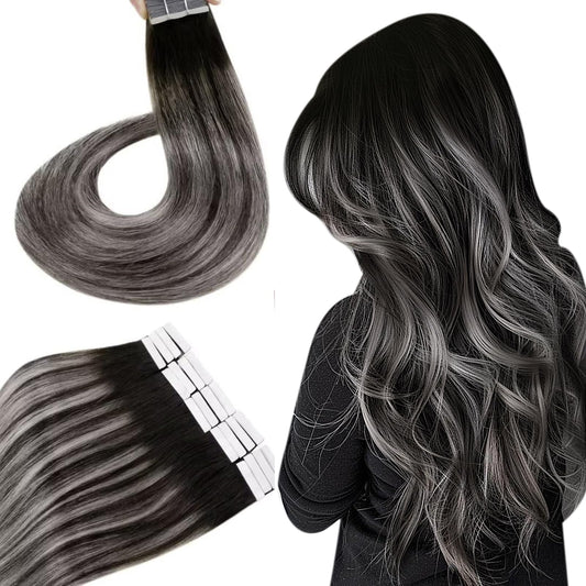 Hetto Tape in Hair Extensions Human Hair Tape in Extensions Black Balayage Silver Grey Ombre 20pcs 12 Inch 40g #1B/Sliver/1B Invisible Tape in Hair Extensions for Women