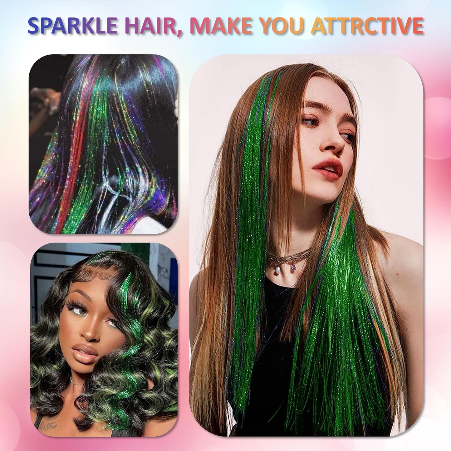 Fiwecos Green Hair Tinsel Kit 48 Inches 1200 Strands with Tools and Instruction Easy to Install Fairy Glitter Tinsel Hair Extensions for Women and Girls，Shinny Sparkling Braiding Hair Accessories