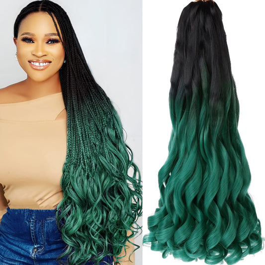 COOKOO 9 Packs Pre Stretched French Curl Braiding Hair 22 Inch 75g/Pack Goddess Crochet Hair with Curly Ends Ombre Green Loose Wavy Crochet Hair Wavy Synthetic Braiding Hair Extension（Black to Green）