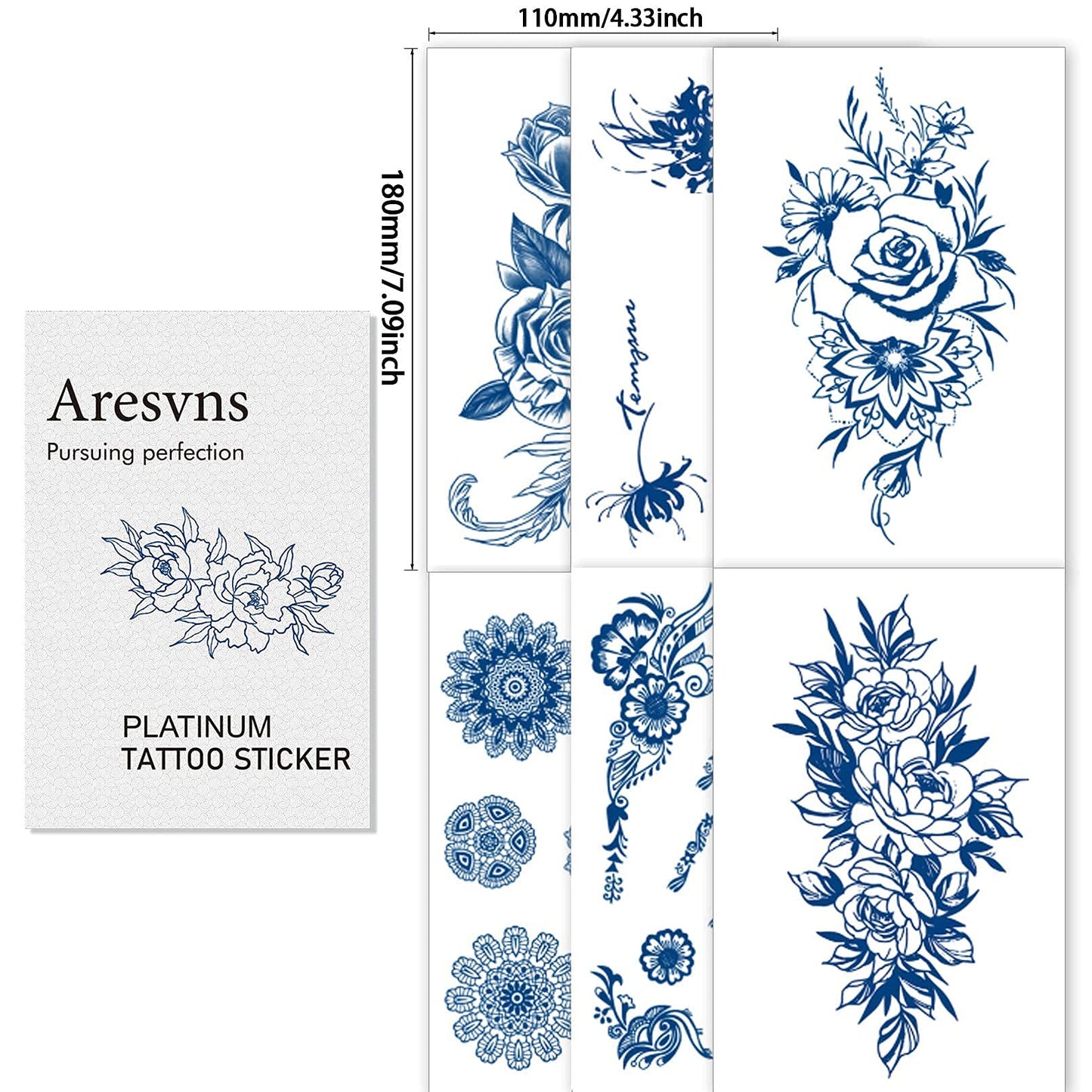 Aresvns Semi-Permanent Tattoos for Men & Women,Realistic Temporary Tattoo Waterproof and Long-Lasting 1-2 Weeks,Dark Blue Realistic Fake Tattoos