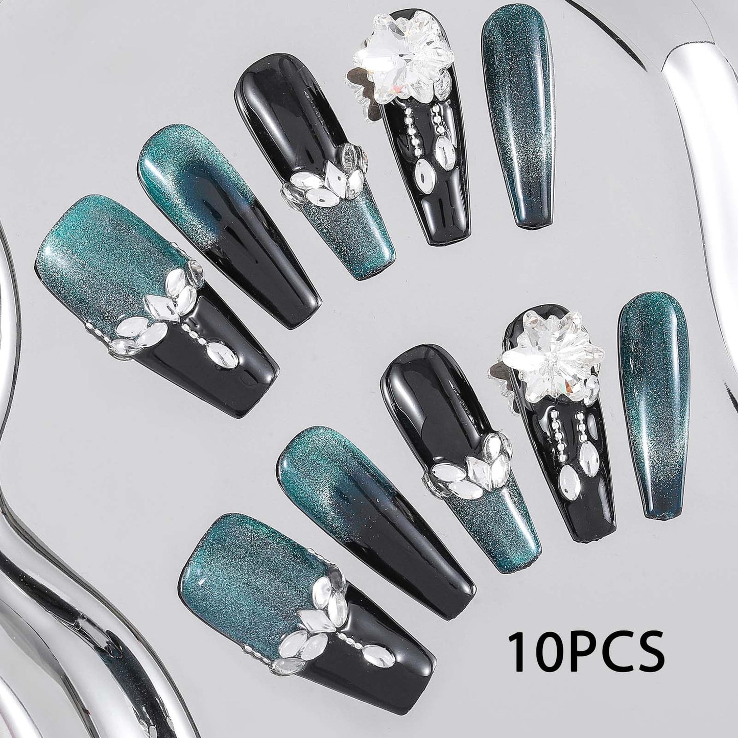 Sethexy Cat Eye Green Handmade Press On Nails Long Coffin Rhinestone False Nails with Design Acrylic Glossy Salon Fake Nail for Women and Girls 10PCS (Green1)