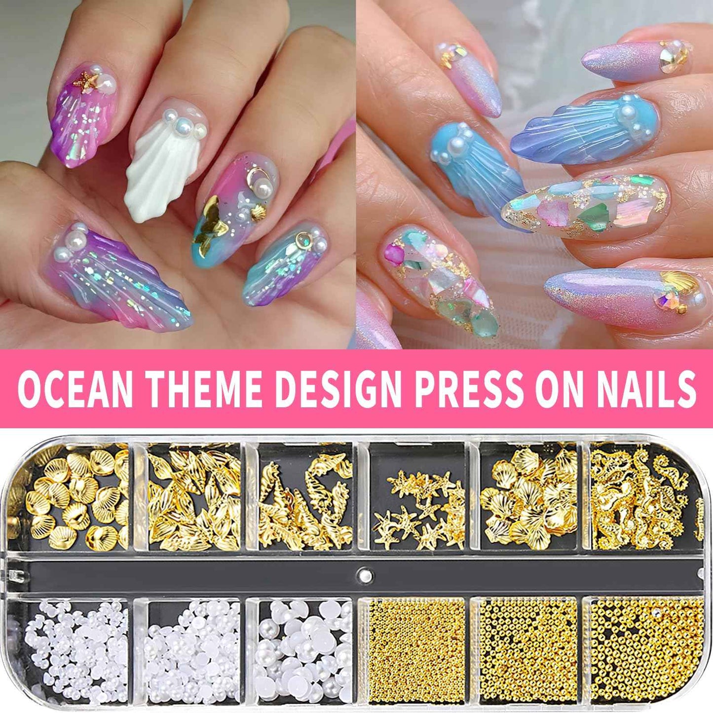 ROFIBUT Summer Nail Charms 3D Steel Studs Metal Art Charms Pearls Seashell Starfish Gold Rhinestones Ocean Theme Designs Nail Supplies for Women Girls Manicure 12 Grids