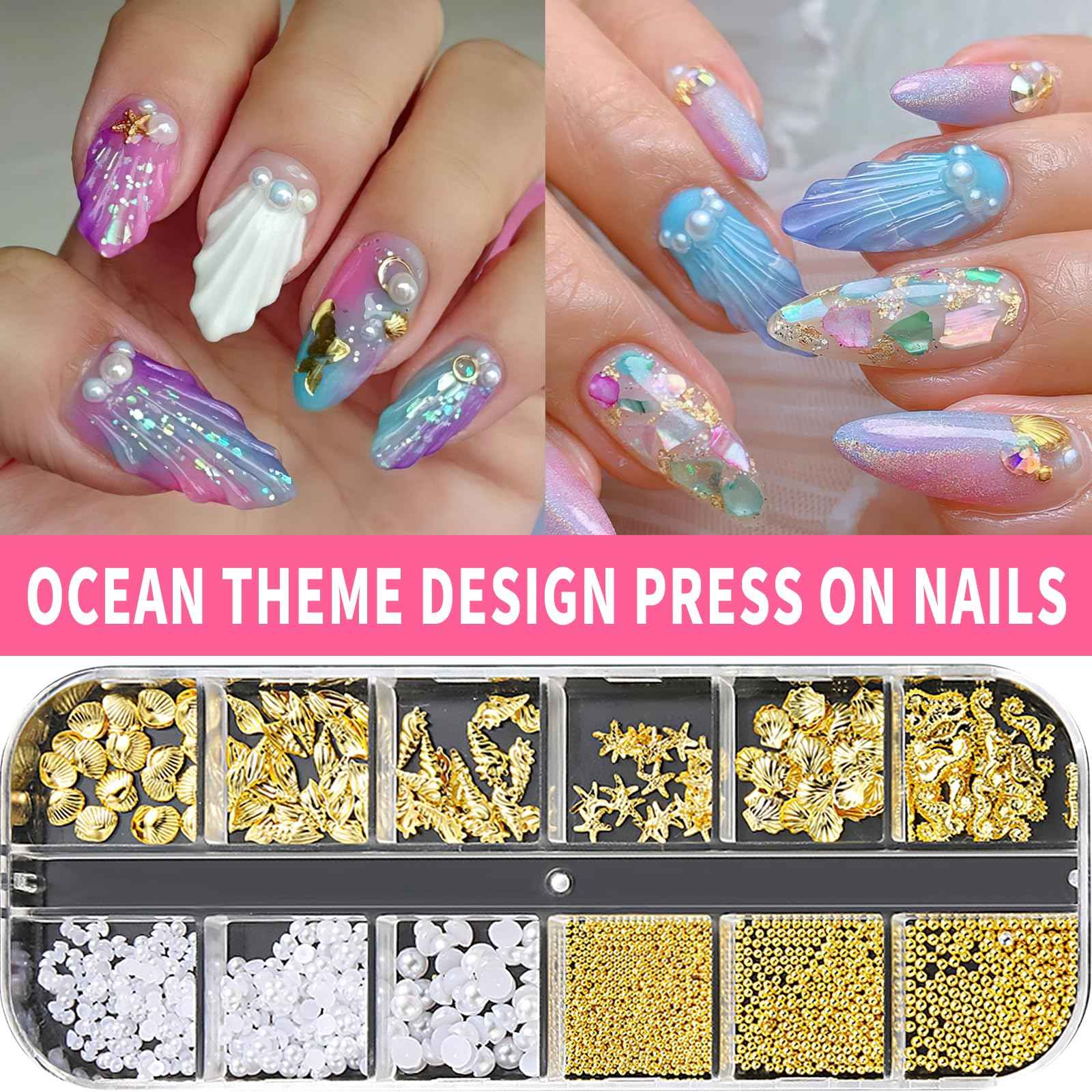 ROFIBUT Summer Nail Charms 3D Steel Studs Metal Art Charms Pearls Seashell Starfish Gold Rhinestones Ocean Theme Designs Nail Supplies for Women Girls Manicure 12 Grids