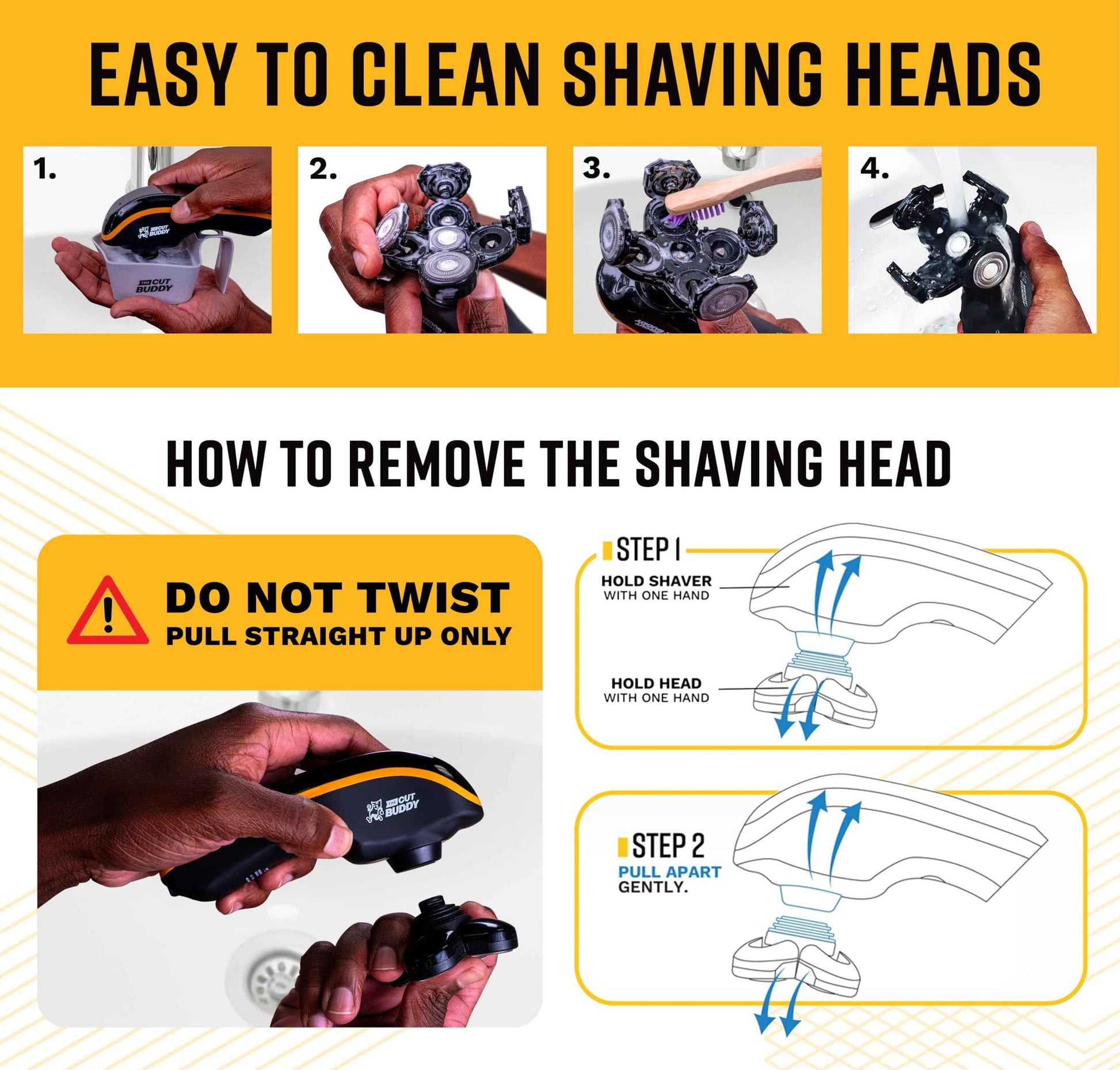 Bald Buddy Head Shaver for Men, Waterproof, Rechargeable Electric Razor, Cordless, Ergonomic Design, Battery & Cleaning Indicator, The Cut Buddy