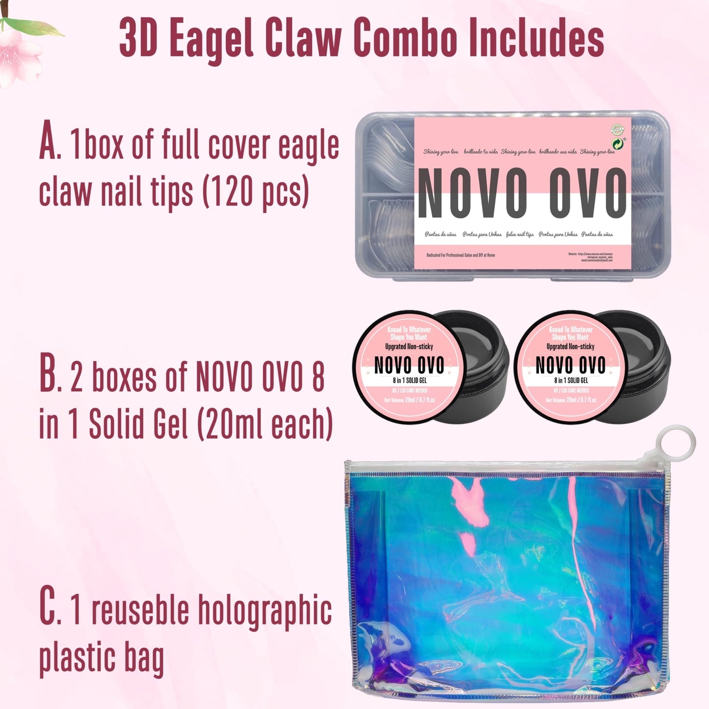 NOVO OVO 3D Eagle Claw nails kit, 1 Full Cover Curved Stiletto Nail tips (120pcs) with 2 Solid Sulpture Gel Glue (20ml each), to Make Press on x Extension Acrylic Hawk Raptor Sharp Fake Cosplay Nails