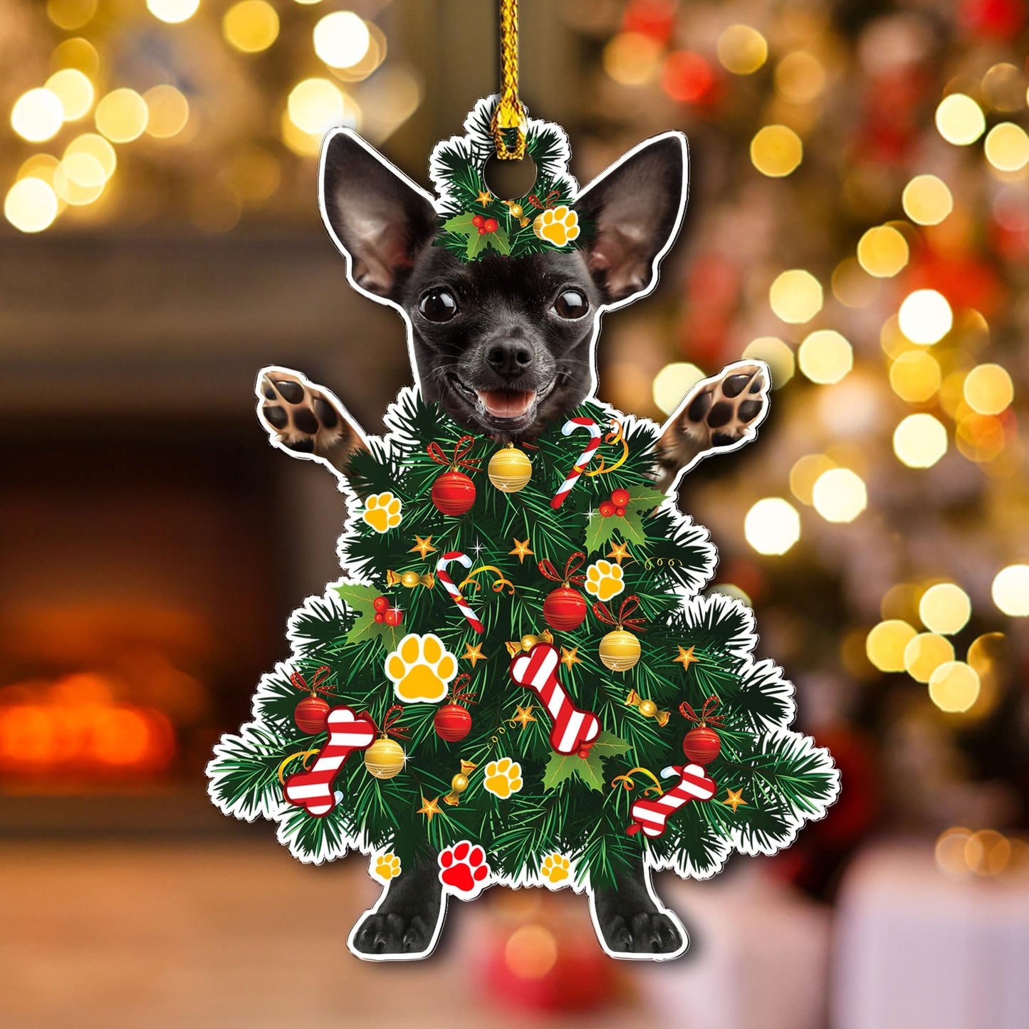 Black Chihuahua Christmas Tree Ornament - Festive Holiday Acrylic Hanging Decoration with Adorable Black Chihuahua Dog - Black Chihuahua Christmas Tree Topper Ornament