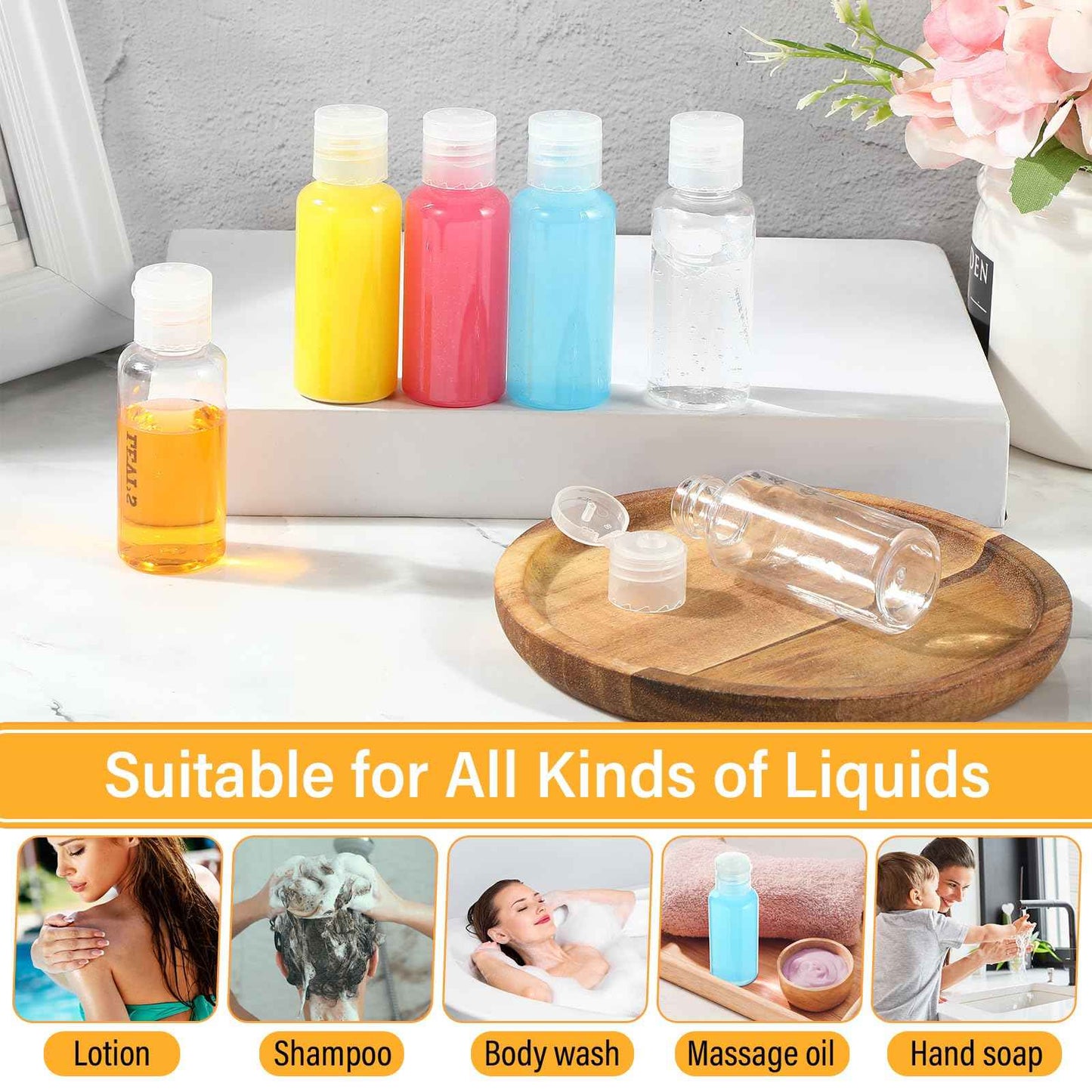 Mimorou 150 Pcs 1oz Travel Bottles Bulk for Toiletries Clear Small Travel Size Bottles Bulk Refillable Empty Containers for Shampoo Lotion Liquid Body Soap Cream Toiletries