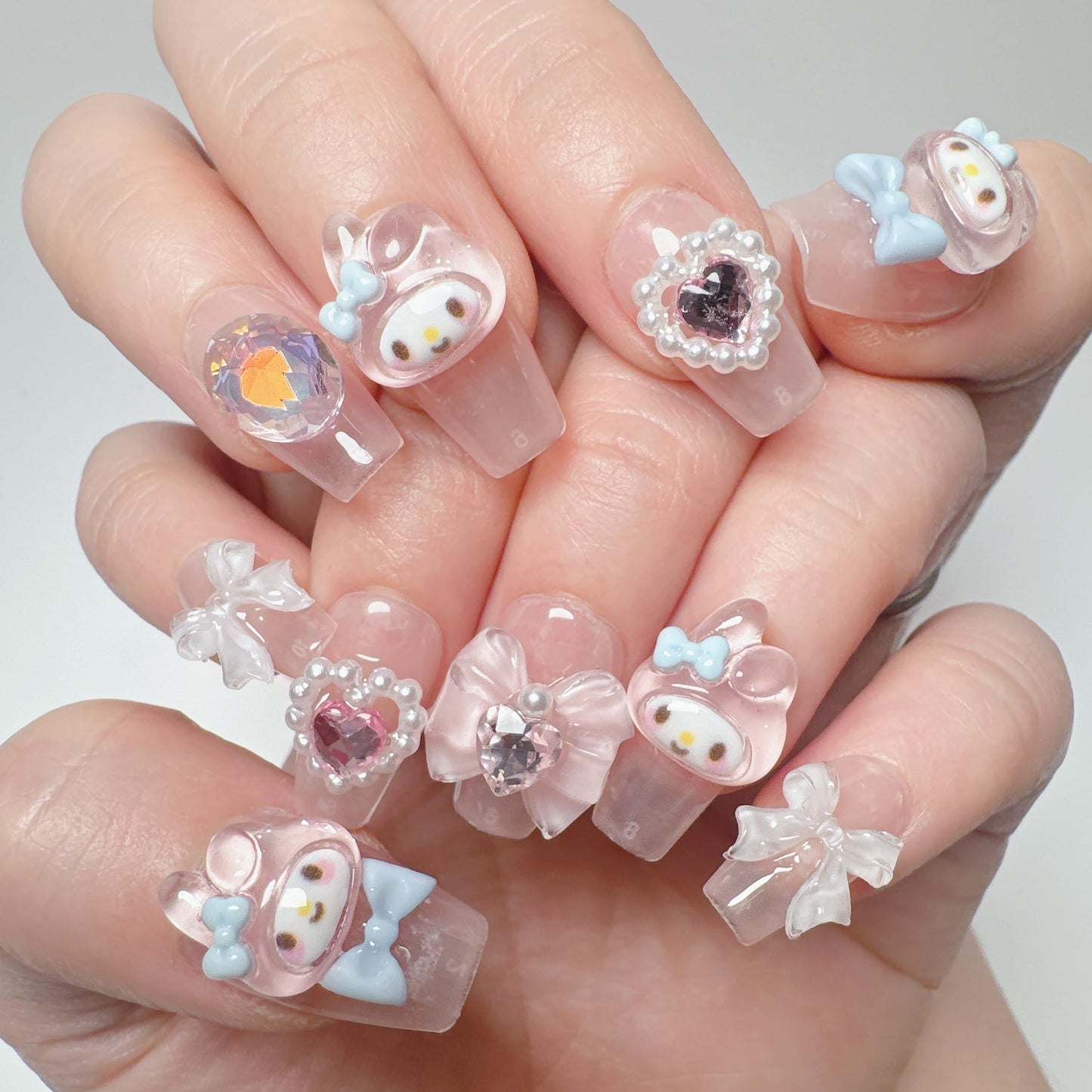 NLSJMP Thick Acrylic Press on Nails, Handmade Gel Press On Nails Long Square, bling pearl Cute bow rhinestone Kawaii Fake Nails Kit,Reusable 10 Nails Size M,#949