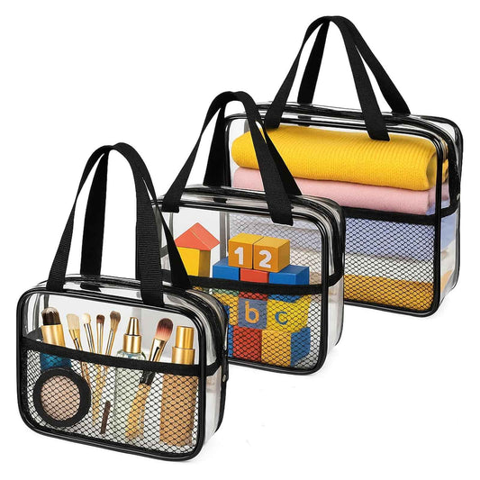 XEWEA Large Small Clear Travel Toiletry Bags with Handles & Pocket for Men Women, 3PCS TSA Approved Transparent Makeup Bag,Waterproof PVC Quart Organizer with Zipper for Toiletries Airline Essentials