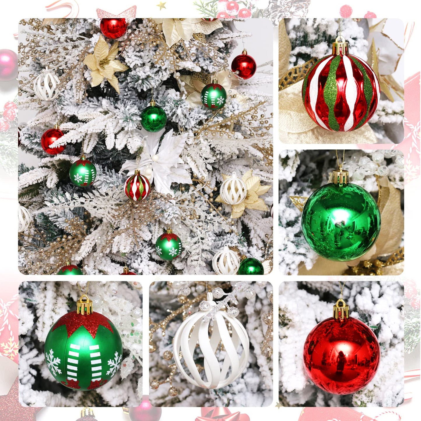 Christmas Tree Ornaments, 30ct Christmas Ball Decoration Set 2.36" Green Gold and White Christmas Ball Shatterproof Hanging Tree Ornament Set for Christmas Tree Holiday Halloween Xmas Party Decor