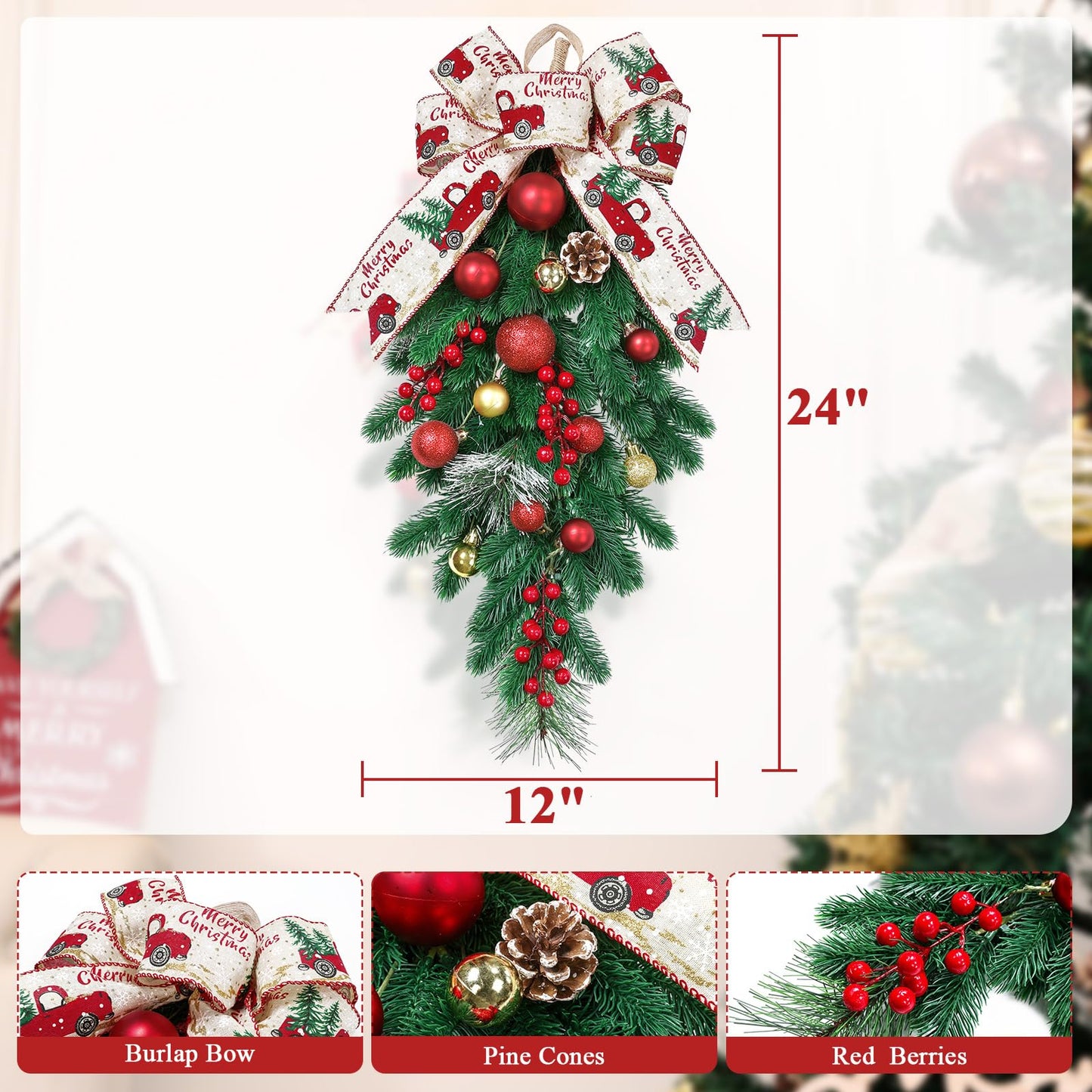 HiiARug 2Pack Artificial Christmas Swags, 24" Teardrop Christmas Decorative Swag with Berries, Pinecones, Winter Pine and Cypress Leaf Swag for Indoor Outdoor Window Wall Fireplace Holiday Xmas Decor