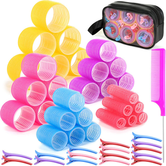 Qinzave 52PCS Jumbo Hair Rollers with Storage Bag, Large Hair Roller with 30PCS Self Grip Hair Rollers of 5 Different Sizes 20 PCS Stainless Steel Clips,Heatless Hair Roller for Long Medium Short Hair