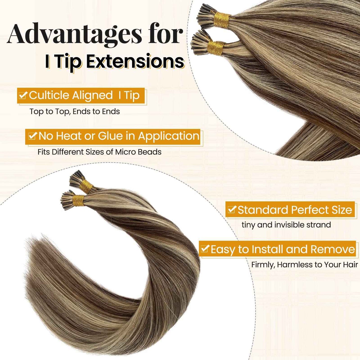 Blonde Highlights I Tip Hair Extensions 50s 50g Pre Bonded Keratin Fusion Itips Hair Extensions #4/613 Medium Brown Mixed Bleach Blonde I Tip Human Hair Extensions 22 Inch