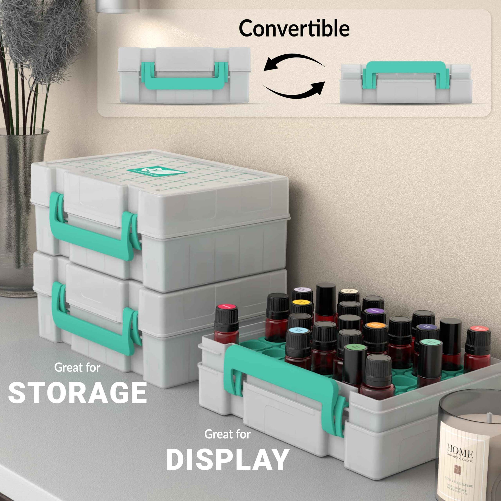 GPG2 Essential Oil Organizer for 35 Bottles, Hard Shell Storage Case with Shelf Display Lid & Travel Handle, Fits 5ml/10ml/15ml, Roller Bottles, Compatible with Top Brands, Teal
