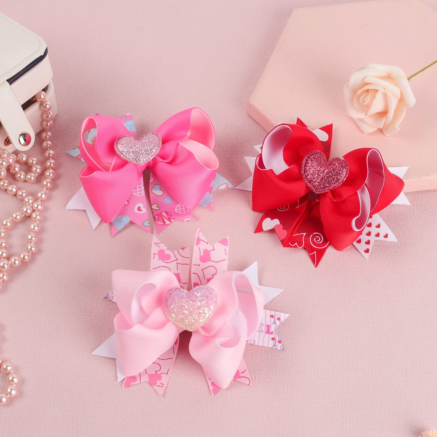 3Pcs Valentine's Day Bows Clips Mother's Day Hair Bows Gift Pink Bowknot Love Heart Pattern Headwear Hairpin Alligator Clips Bows for Girls Toddlers Kids Womens (Valentine's Hair Bows - 5)