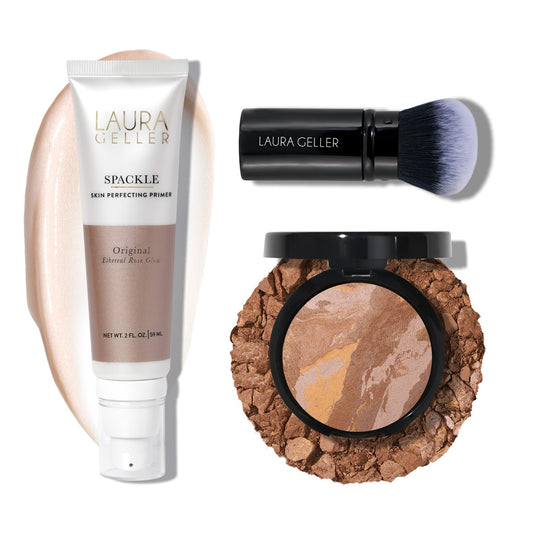 LAURA GELLER NEW YORK Baked Balance-n-Brighten Powder Foundation - Tan + Spackle Super-Size Skin Perfecting Makeup Primer - Ethereal Rose Glow + Retractable Airbrush Kabuki Brush