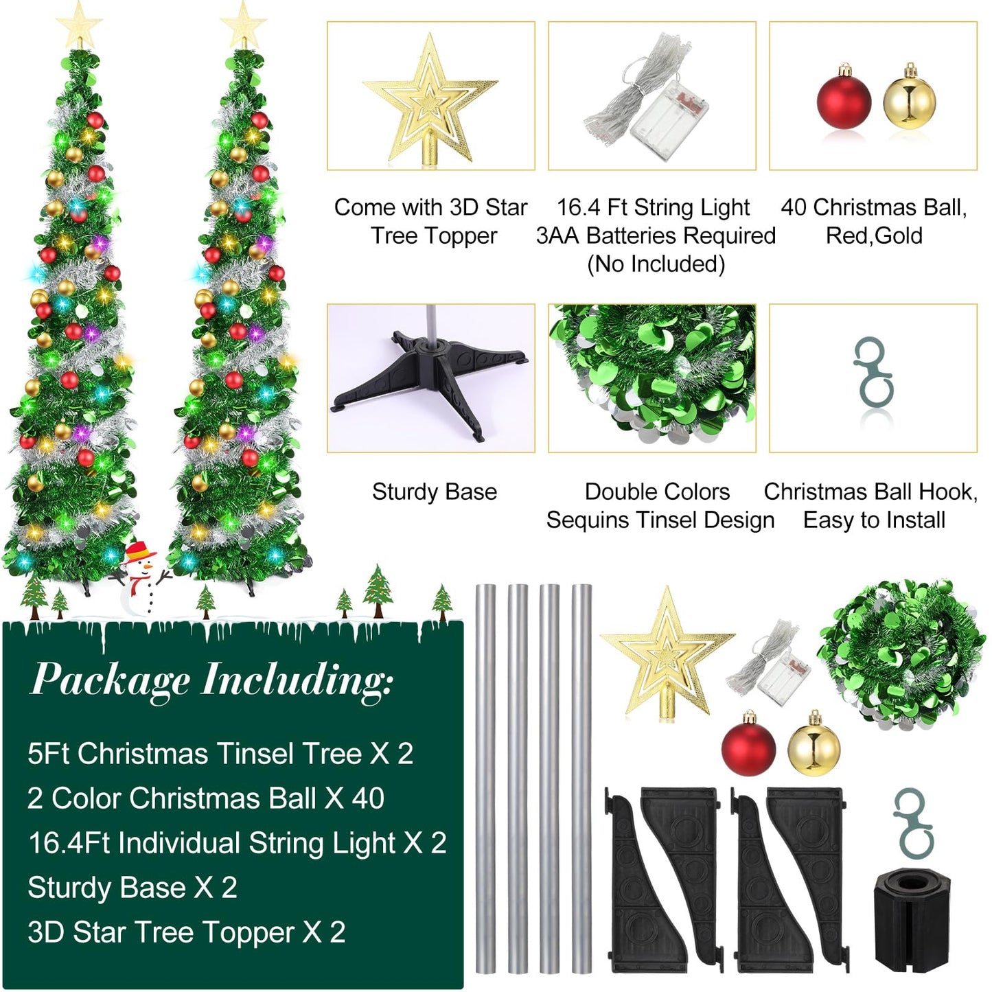 Sumind 2 Pcs 5 ft Pop up Tinsel Christmas Tree Pencil Christmas Tree with String Lights 40 Balls 3D Star Ornament Sequins Artificial Sequin Collapsible Tree with Star for Xmas Holiday