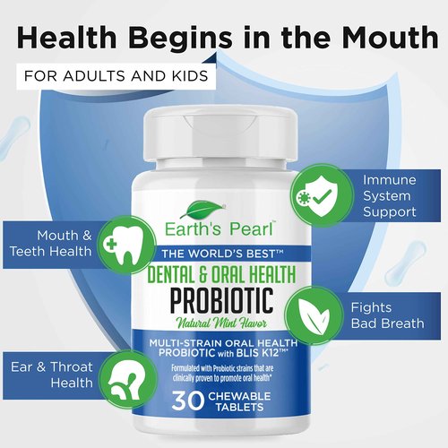 Earth's Pearl Dental Probiotic with BLIS K12 - Oral Probiotics for Oral Health with Mint Flavor - 30-Day Supply of Dental Probiotics for Bad Breath and Dental Health - Children and Adult Oral Care