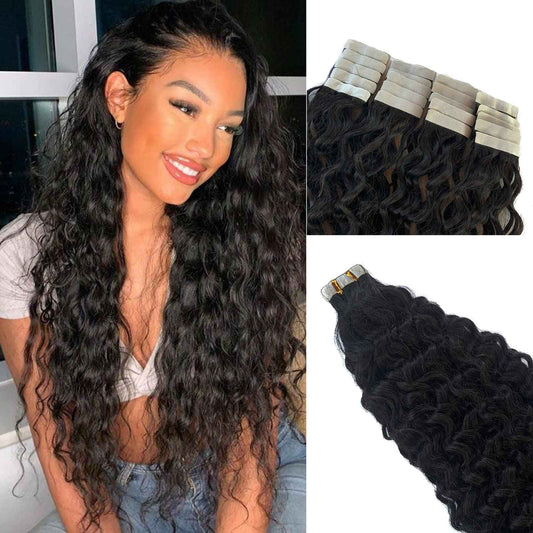 Water Wave Tape in Human Hair Extension for Black Women,9A Brazilian Human Hair Adhesive Tape in Hair Loose Wave Skin Weft Tape ins Human Hair Extension Full Ends 20PCS 50G(16inch #Natural Black)