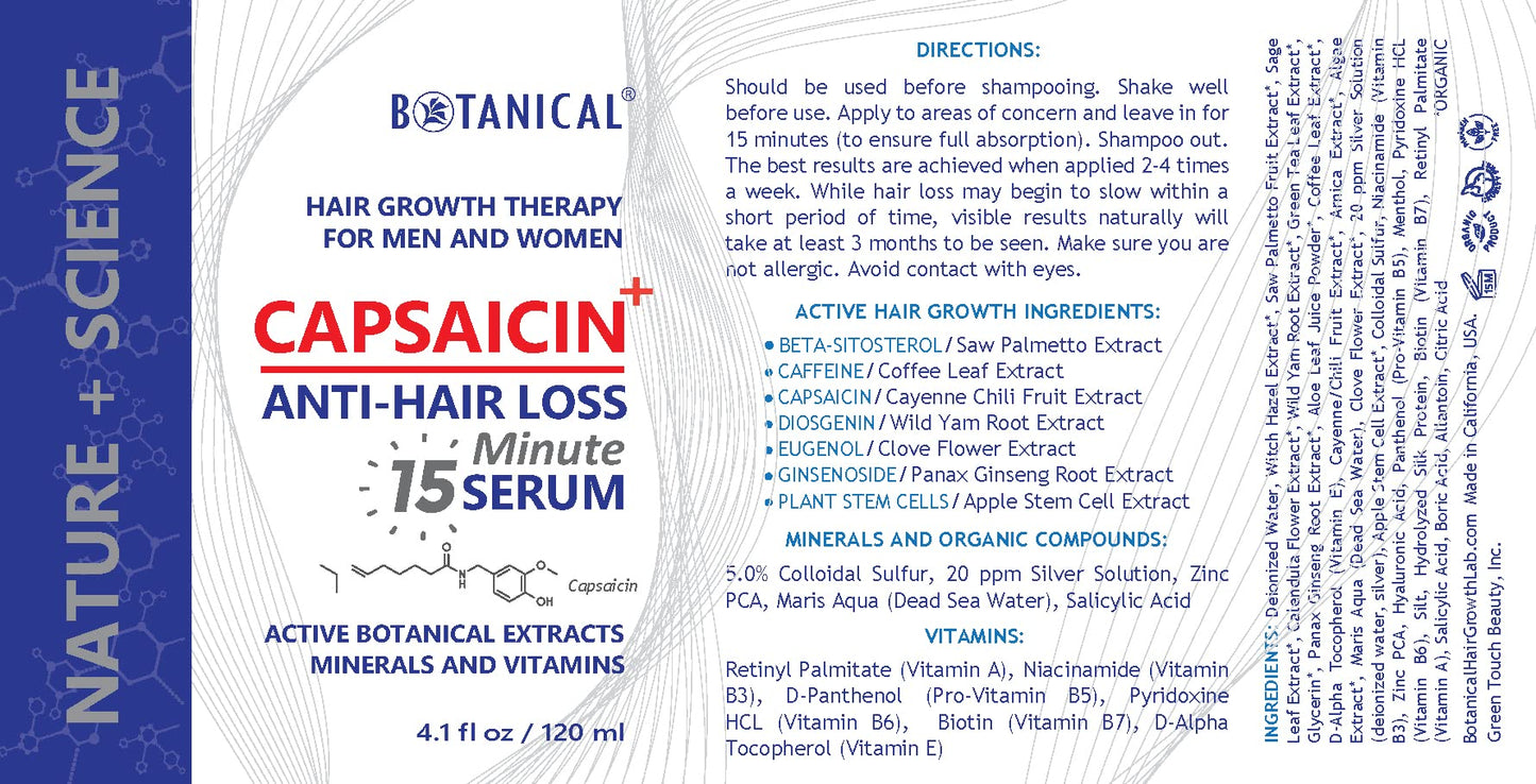 Botanical Hair Growth Lab - Anti-Hair Loss Serum - Capsaicin 15 Min Serum - Oil-Free Formula - Scalp Stimulating Treatment - Hair Loss Prevention for Men & Women - 4 Fl Oz