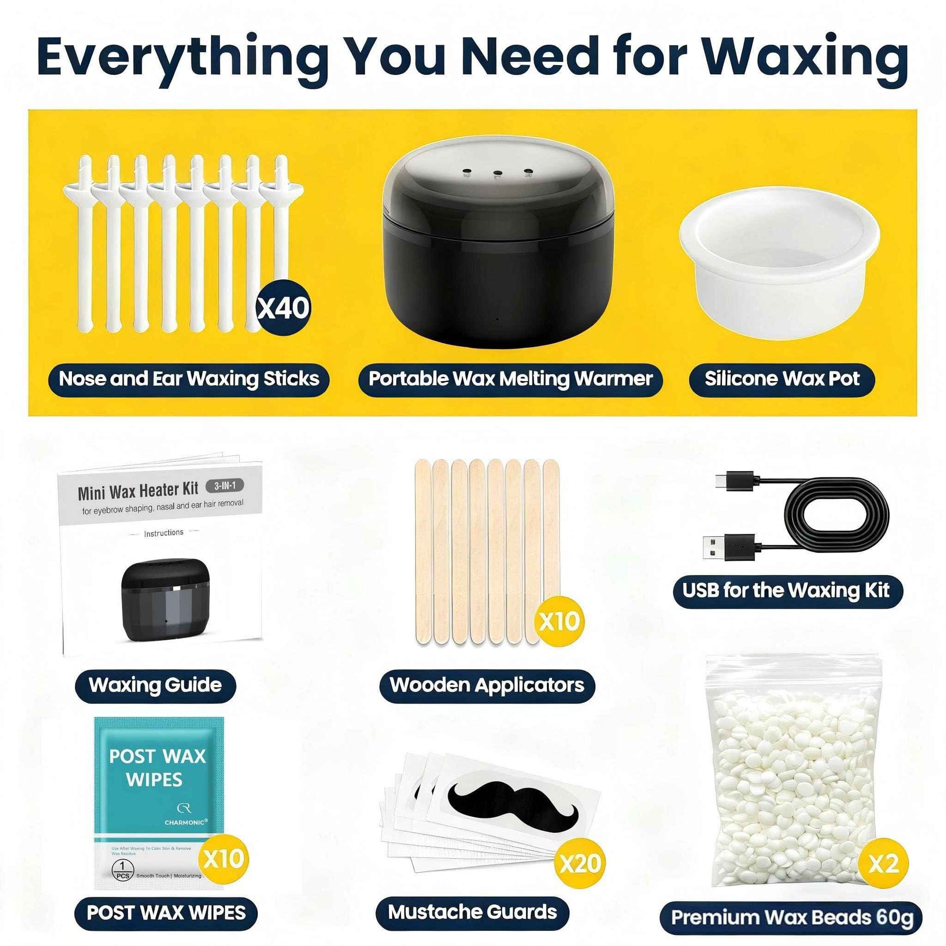 Nose Wax Kit, 120g Wax Beads, Nose Hair Wax for Men and Women, 15-20 Uses Painless Nasal & Ear Hair Removal With 40 Applicators, Wooden Sticks, Balm Wipes and Moustache Guards | Lasts up to 5 Weeks